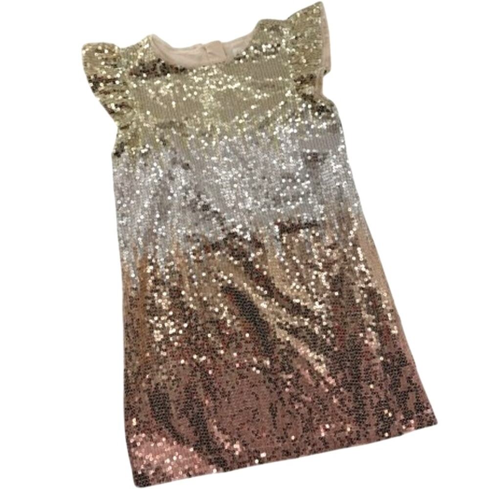 Gap Kids Girls Ombre Gold Silver Bronze Sequin Ruffle Sleeve Dress M